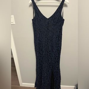 Bcbg formal lace dress, size 12, black with navy lace overlay